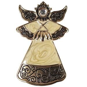 Vintage Gold Tone Angel Brooch Pin Signed KC Enamel Pearl Christmas Holiday Gift